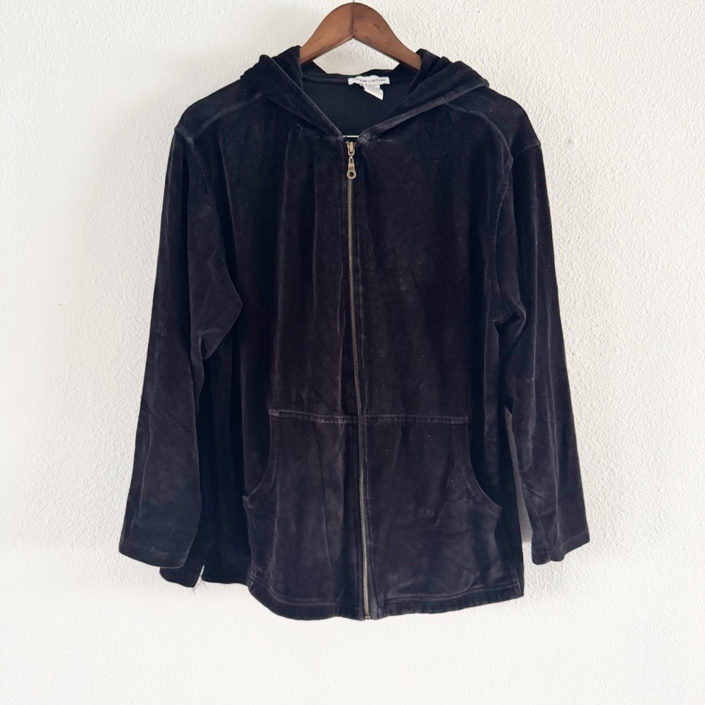Y2K Velour Zip Up Hoodie Large Black Loungewear Cozy Athleisure Cotton Couture - Picture 2 of 12